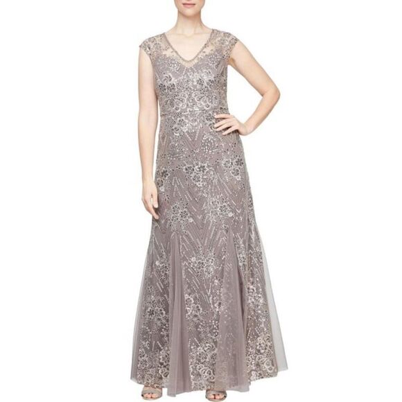 Alex Evenings Sequin Lace Sleeveless Gown w/ Mesh Godet Insets – Size 16 - Picture 2 of 9